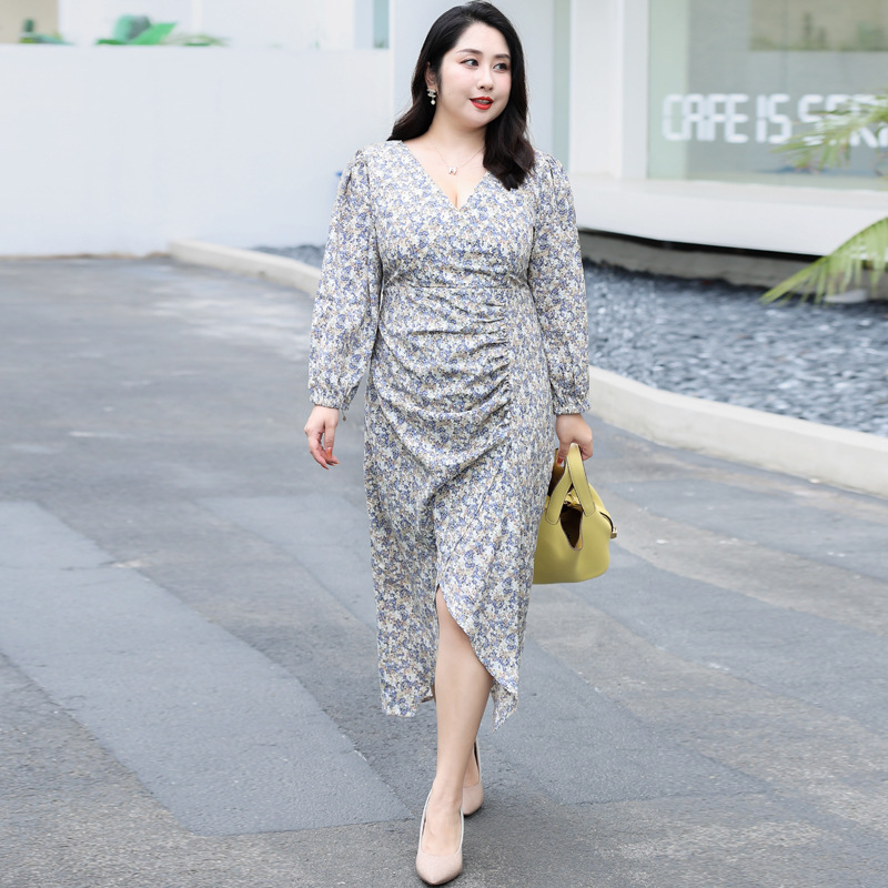 4XL-8XL) Plus Size Blue Ditsy Floral Long Sleeve Dress (EXTRA BIG SIZ   Pluspreorder