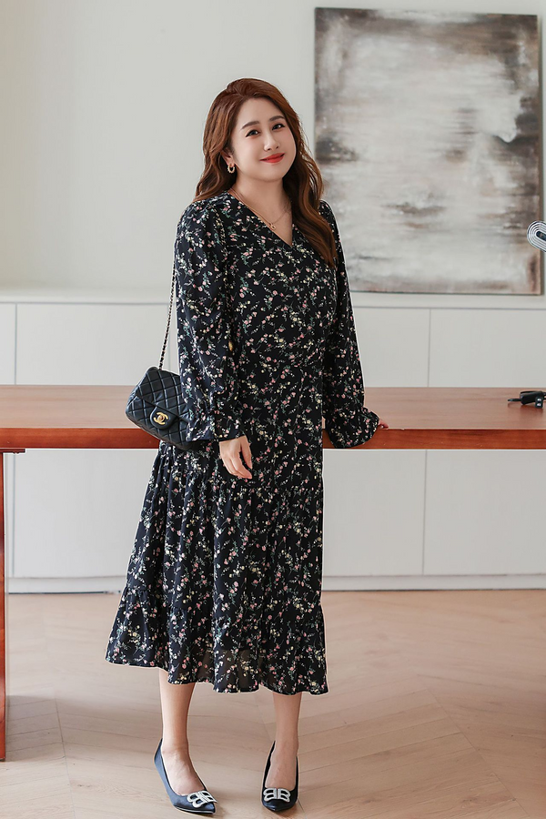 (4XL-8XL) Plus size korean floral black long sleeve dress (EXTRA BIG SIZE)