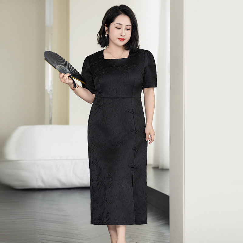 (4XL-8XL) Plus Size Modern Black Cheongsam Dress (EXTRA BIG SIZE