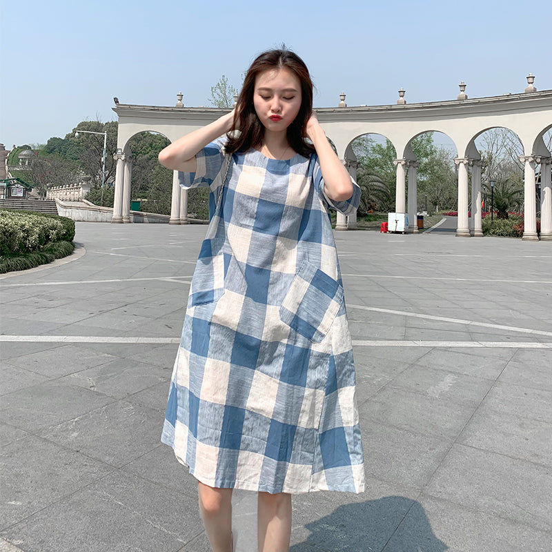 Plus Size Big Checks Pockets A Line Dress – Pluspreorder