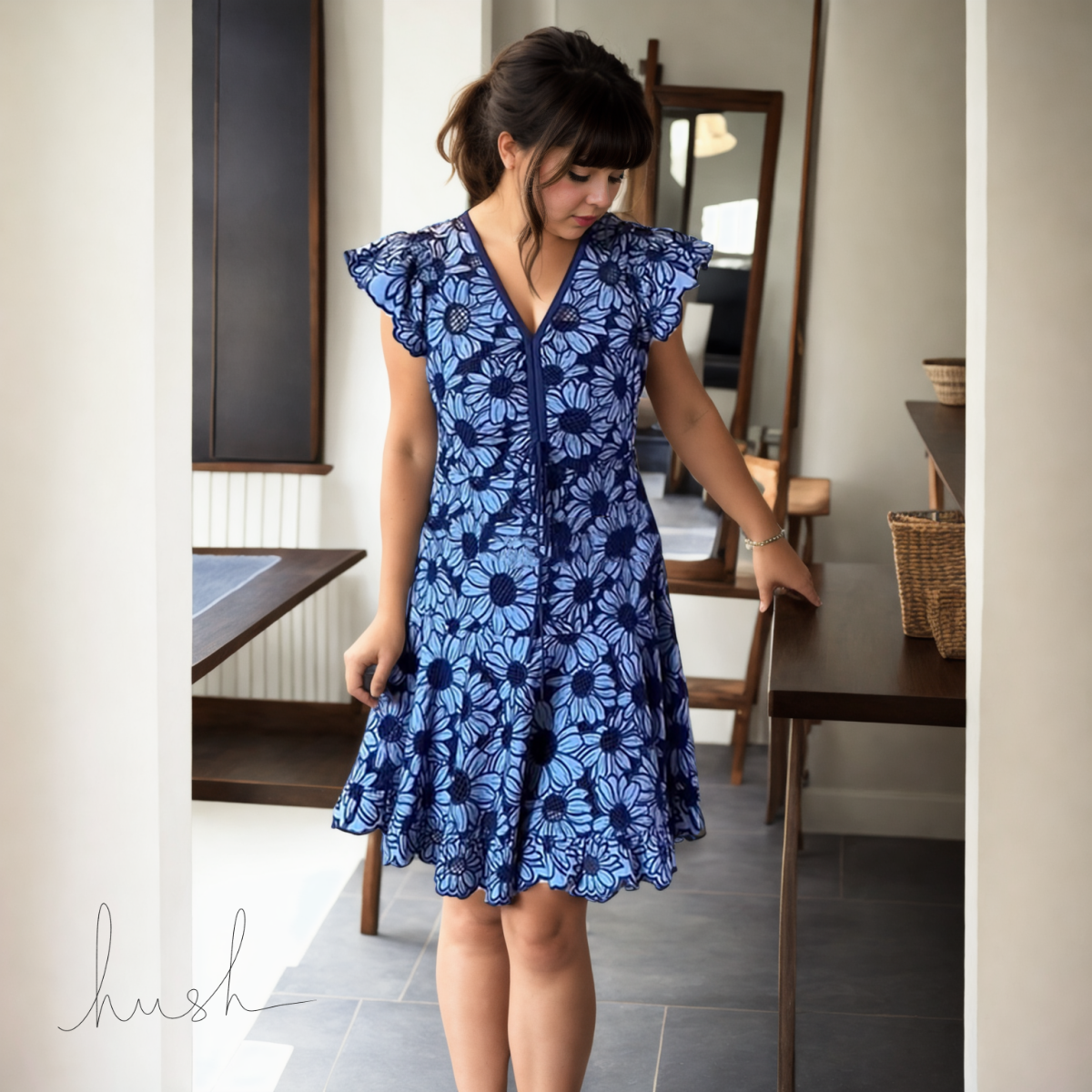 Lace and Tulle Floor Length Dress with V neck Blue Plus Size