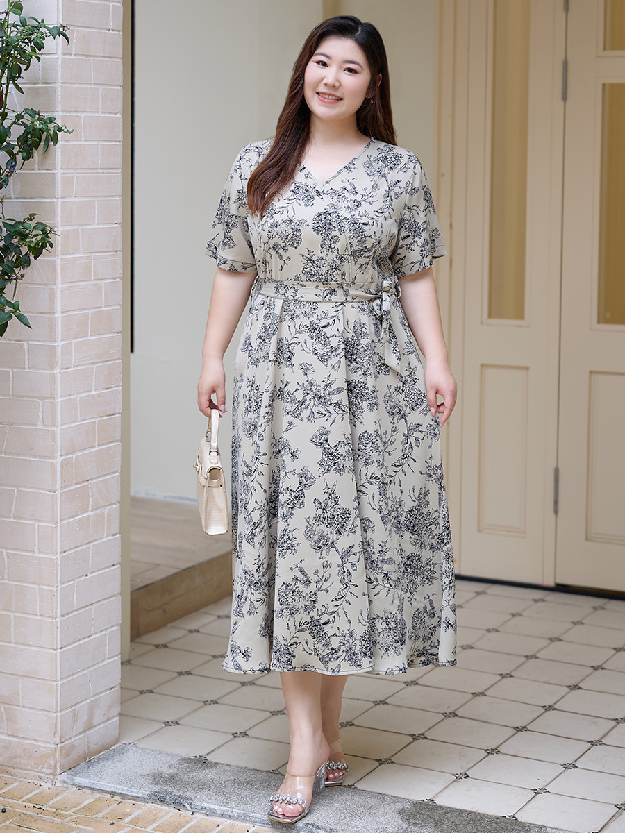 Plus Size Beige Floral Wrap Dress – Pluspreorder