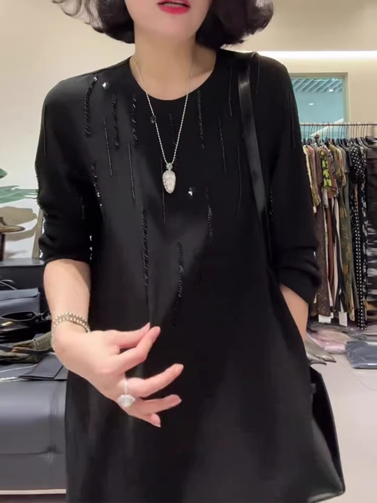 Plus Size Black Embellished 3/4 Sleeve Midi Dress – Pluspreorder
