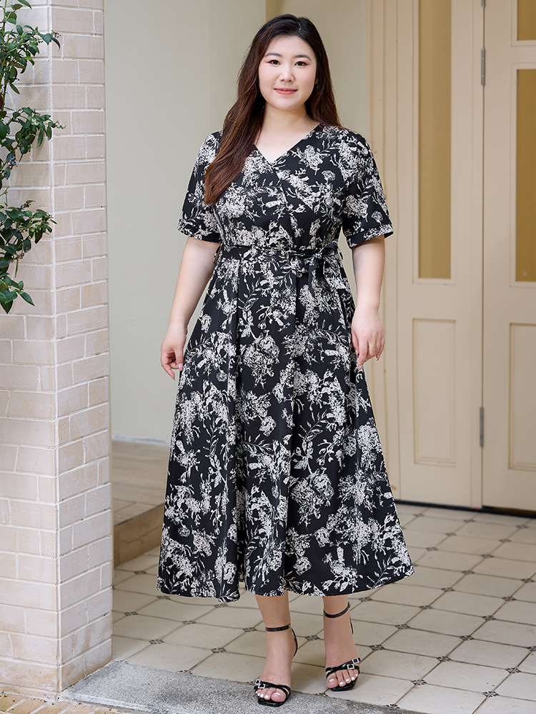 Plus Size Black Floral Wrap A Line Dress Pluspreorder Plus Size Black Floral Wrap A Line Dress Pluspreorder