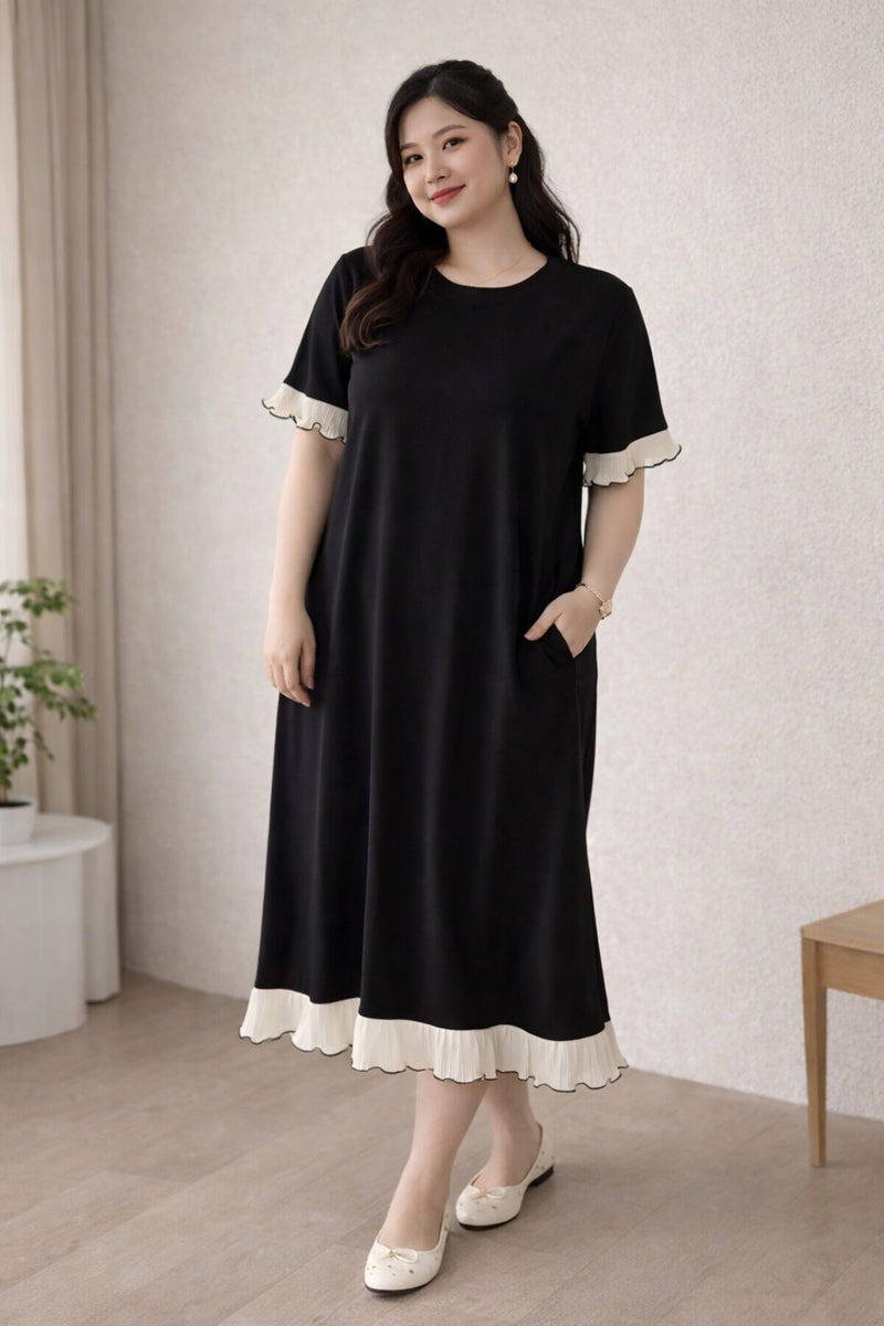 Plus Size Midi T-Shirt Dress – Frill Hem Contrast Detail – Pluspreorder