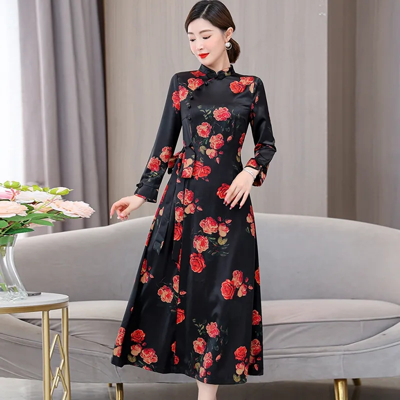 Plus Size Black Long Sleeve Qipao Cheongsam Dress – Pluspreorder - Main Image
