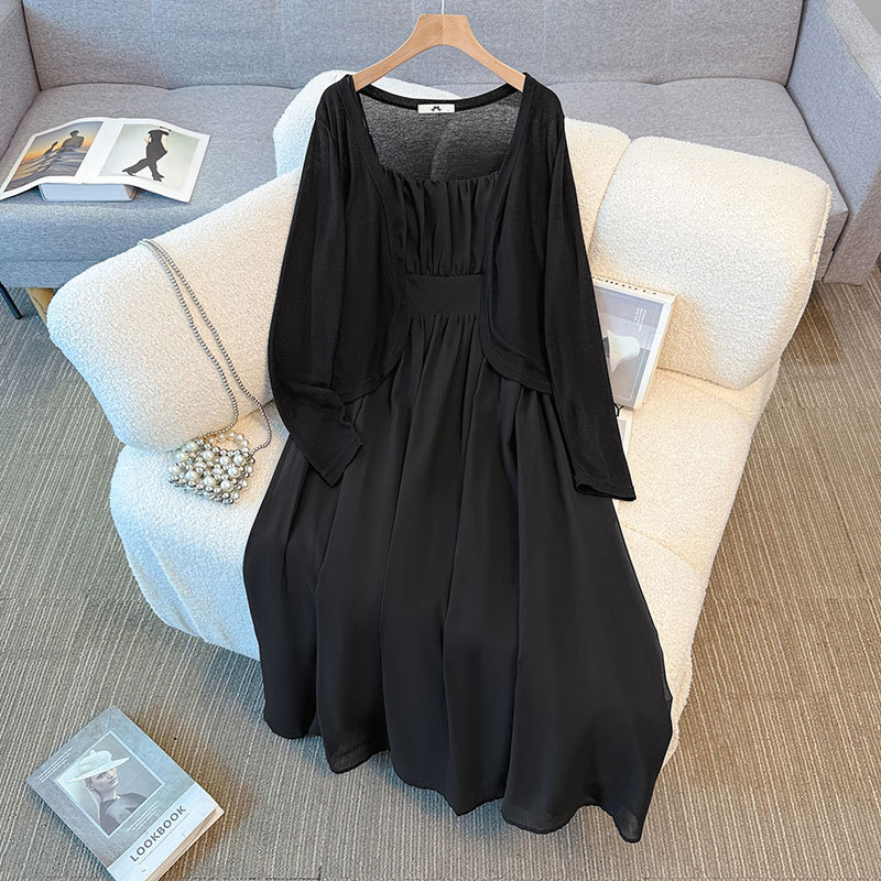Plus Size Black Pleat Sleeveless A Line Dress And Cardigan Set (EXTRA