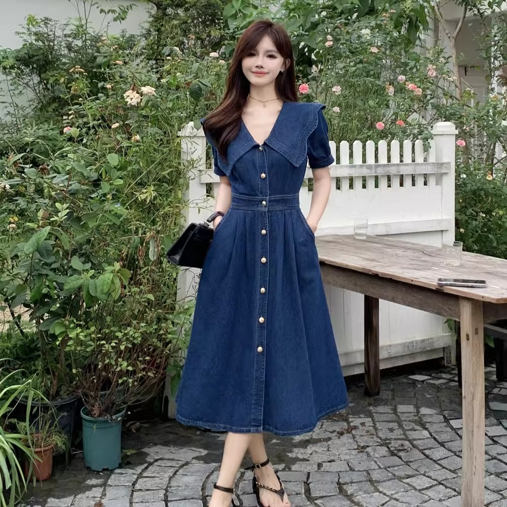white christmas dresses Light Blue Ruffled 3/4 Sleeve Buttoned Front Plus Size Denim Dress – The  Rusted Nail Boutique