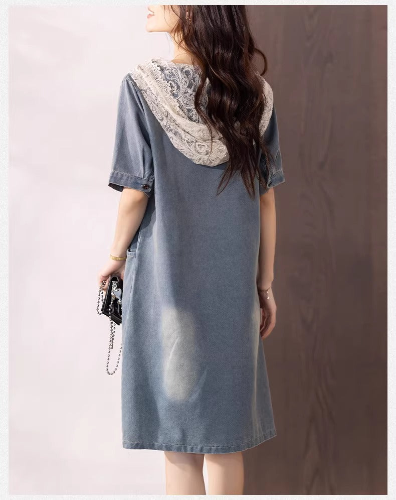 Plus Size Lace Hooded Denim Short Sleeve Dress  Pluspreorder