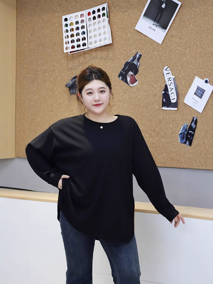 Plus Size Curved Hem Long Sleeve Sweater Style T Shirt (Extra Big