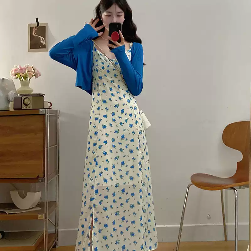 Plus Size Ditsy Floral Camisole Maxi Dress And Electric Blue Crop