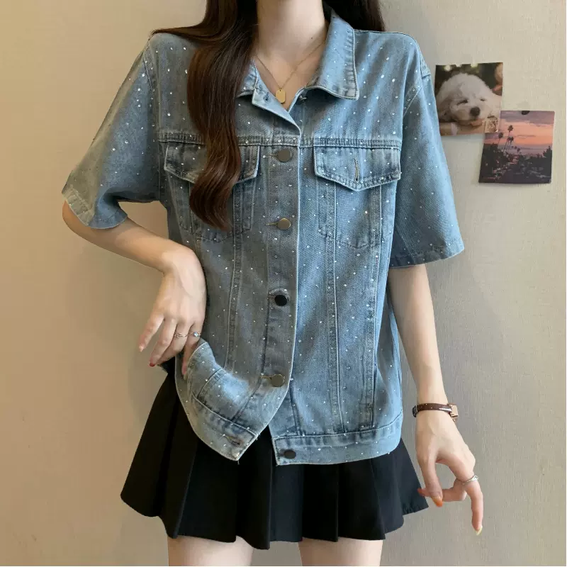 Plus Size Embellished Short Sleeve Denim Jacket Blue M
