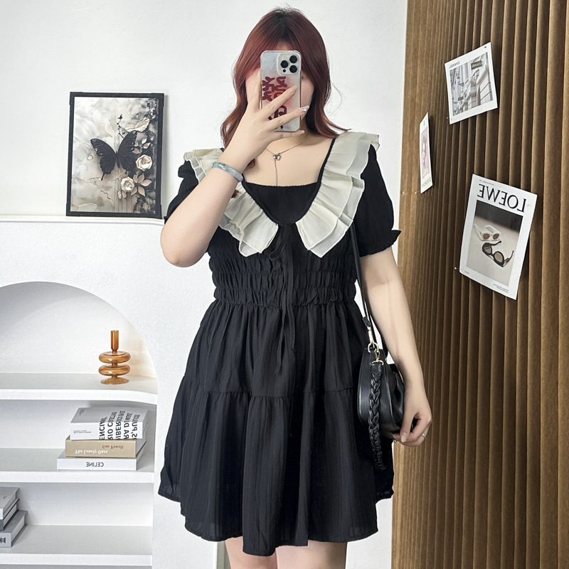 knee length dresses for ladies Pink & Black Puff Sleeve Cotton Dress – Korean-Inspired Elegance main image 1