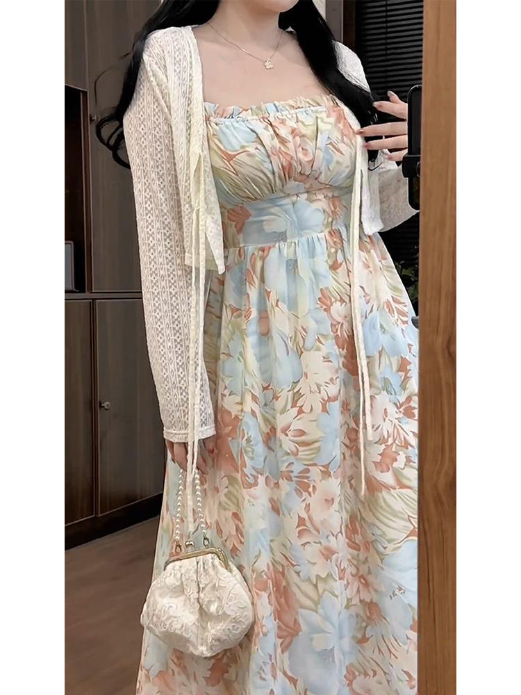 Plus Size Floral Cami Dress and Lace Cardigan Set – Pluspreorder