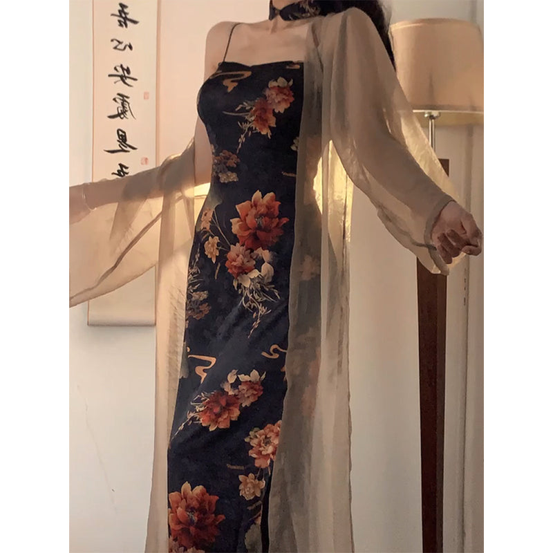 Plus Size Oriental Floral Bodycon Dress and Cardigan Set Pluspreorder Plus Size Oriental Floral Bodycon Dress and Cardigan Set Pluspreorder