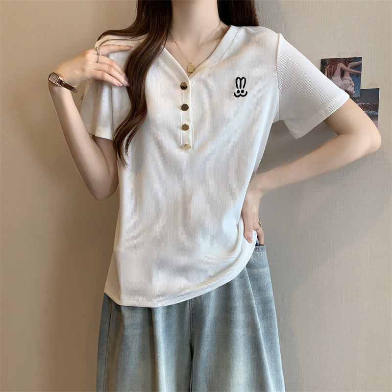 Plus Size Korean Rabbit Embroidery Henley T Shirt Top