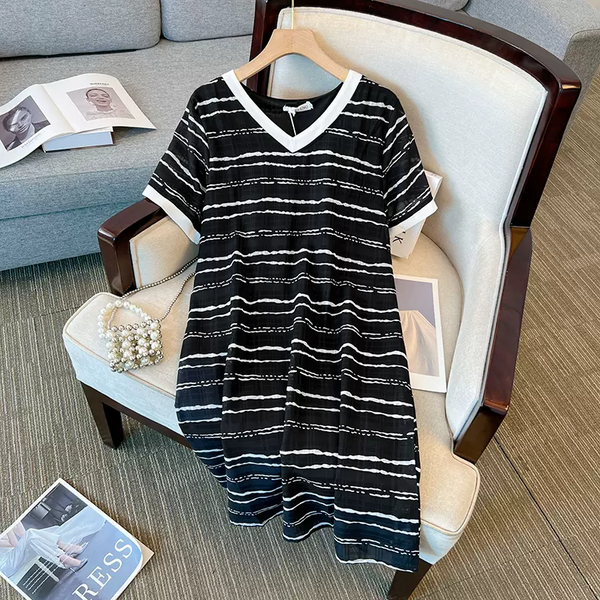 Plus Size Korean V Neck Stripe Black Dress