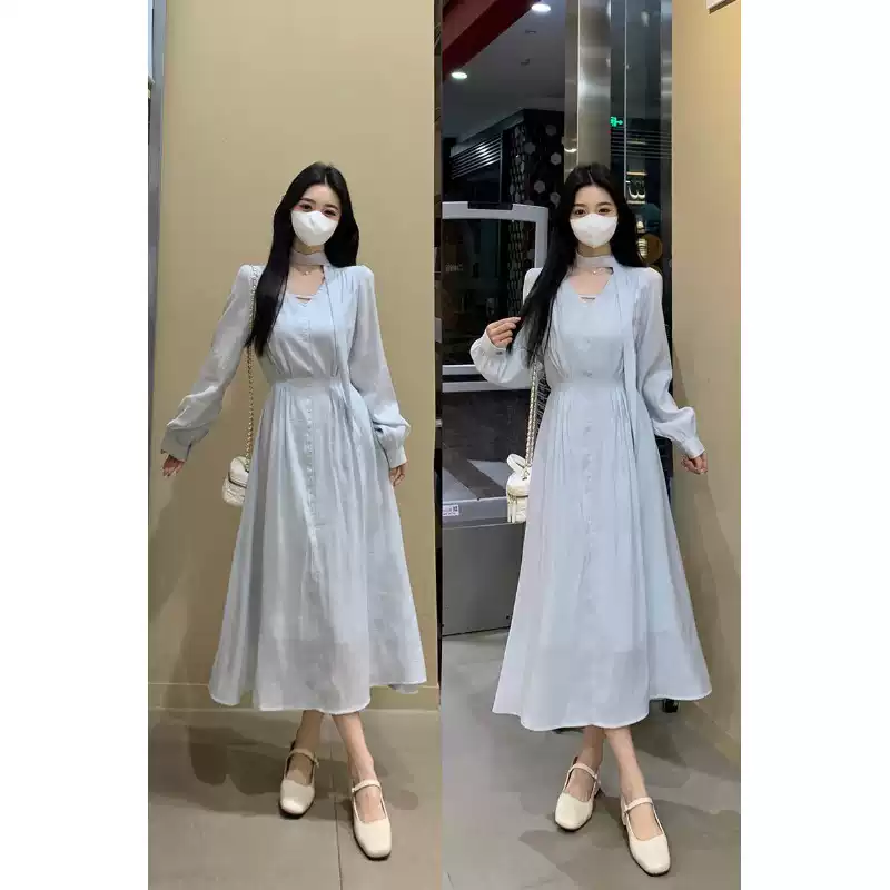 Plus Size Light Blue Long Sleeve Chiffon Dress With Scarf – Pluspreorder