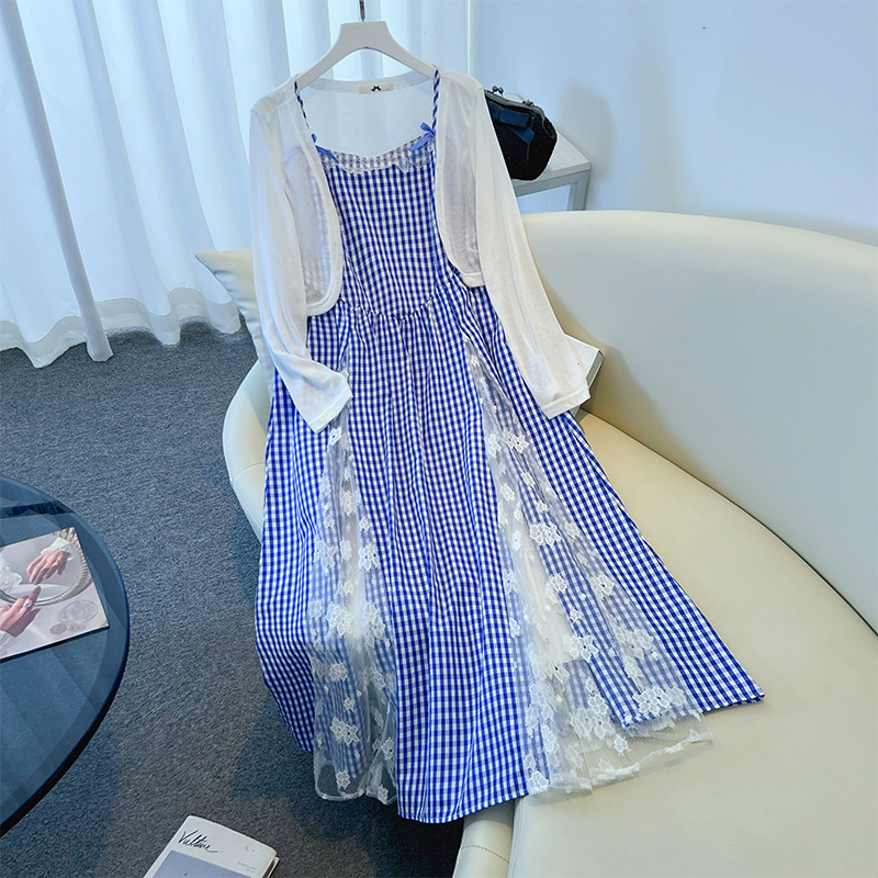 Plus Size Lolita Blue Gingham Dress And White Cardigan Set (EXTRA BIG