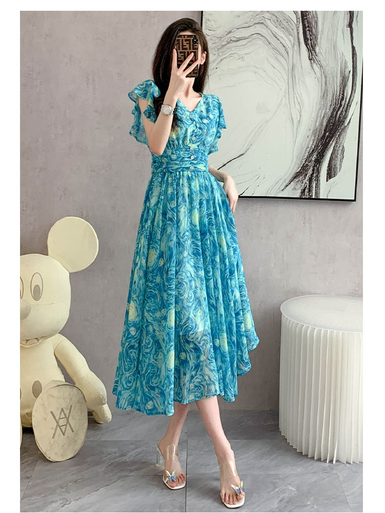 Plus Size Marble Blue Chiffon Fit And Flare Dress  Pluspreorder