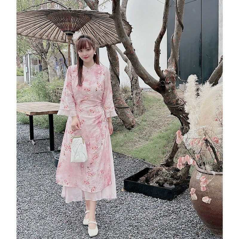 knee length dresses for ladies Plus Size Pink Modern Oriental Floral Qipao Midi Dress – Pluspreorder