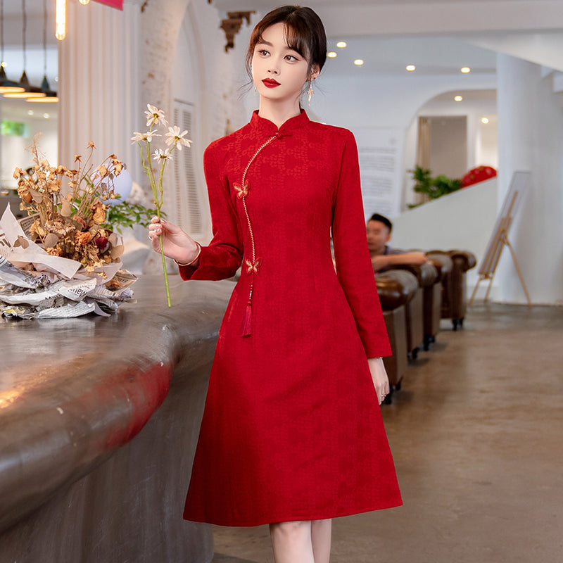 Plus Size Red A Line Long Sleeve Cheongsam Dress Pluspreorder Plus Size Red A Line Long Sleeve Cheongsam Dress Pluspreorder