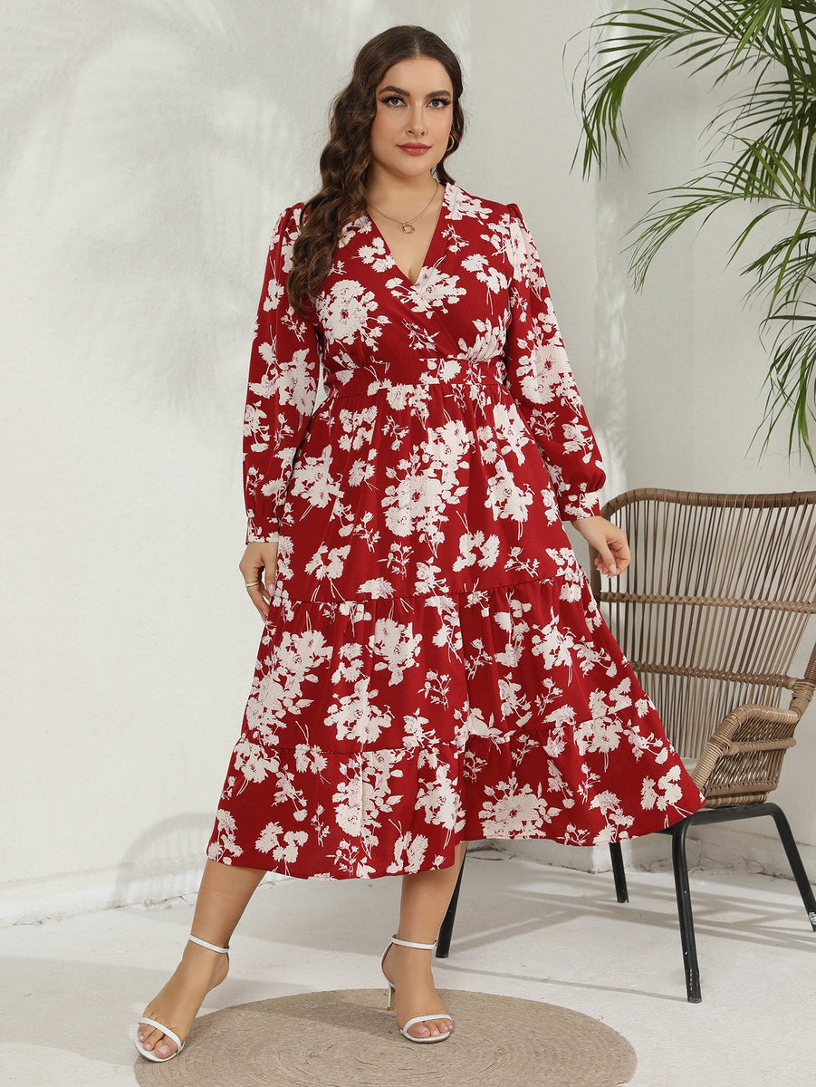 Plus Size Red Floral Wrap V Neck Long Sleeve Midi Dress Pluspreorder