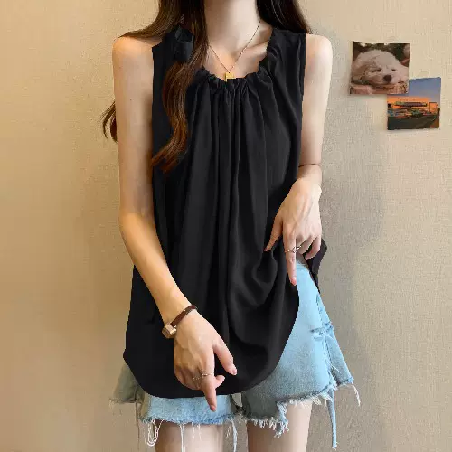 Plus Size Ribbon Loose Sleeveless Blouse