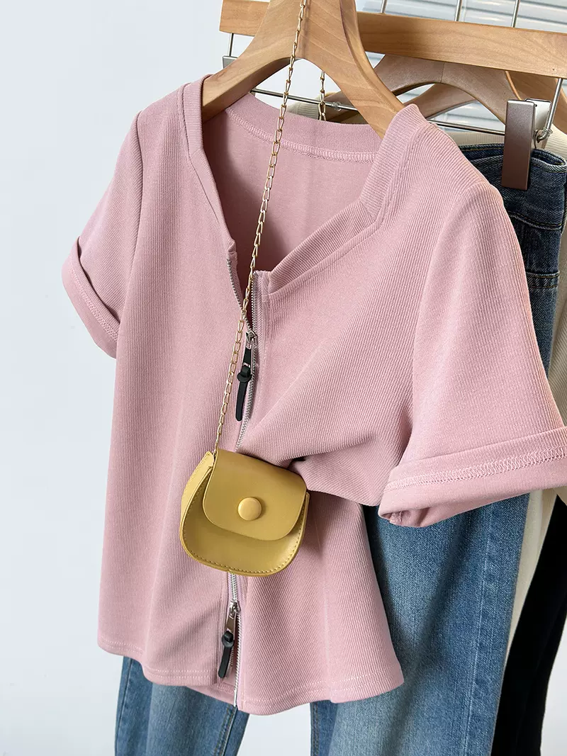 High Neck Slim Fit Zipper Short Long Sleeve T-shirt