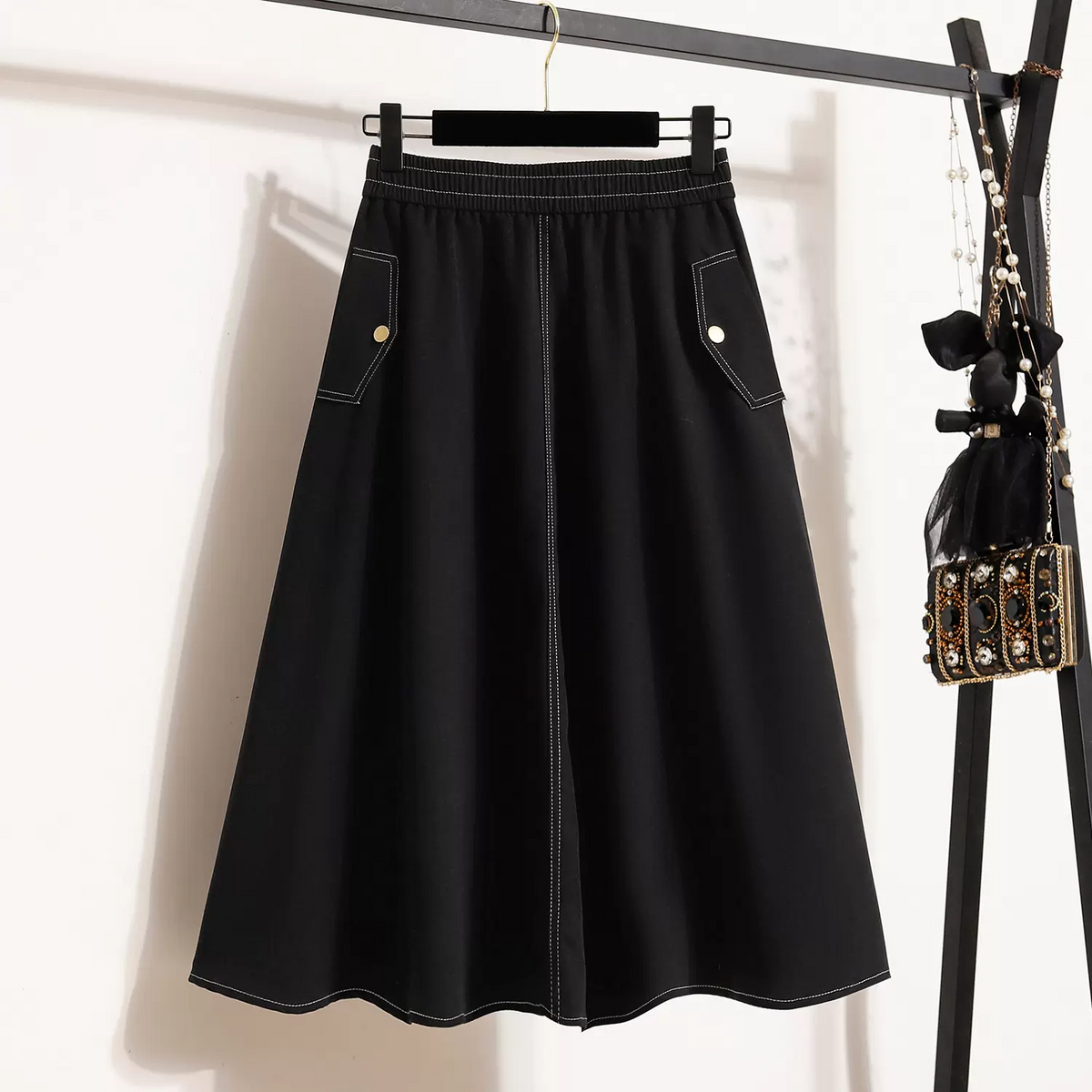 plus size black denim midi skirt