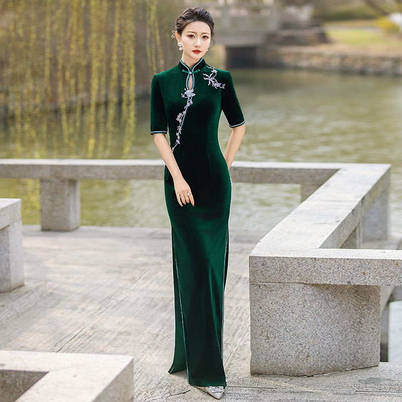 S-5XL & Custom Size) Plus Size Formal Velvet Cheongsam Evening Dress   Pluspreorder
