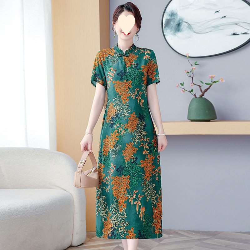 qipao dress short 100% Mulberry Silk Xiangyunsha Dusty Blue Red Rose Sleeve L Size spandex blend this modern cheongsam qipao dress combines the timeless silhouette of traditional Chinese dress with contemporary wearability Elegant New Chinese Qipao Dress