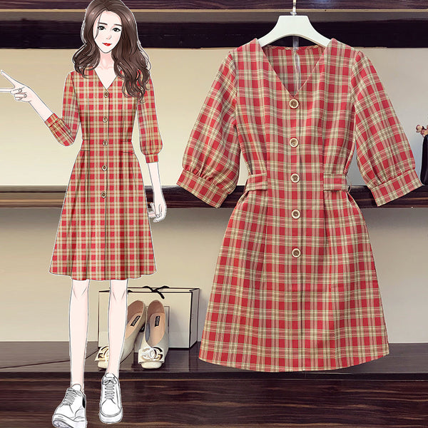 Plus Size Checked Vintage Mid Sleeve Dress