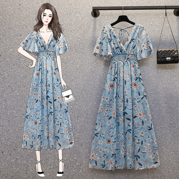 Plus Size Blue Floral Short Sleeve Maxi Dress