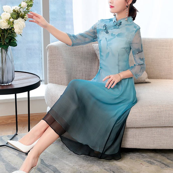 Plus Size Green Swing Floral Cheongsam Mid Sleeve Midi Dress