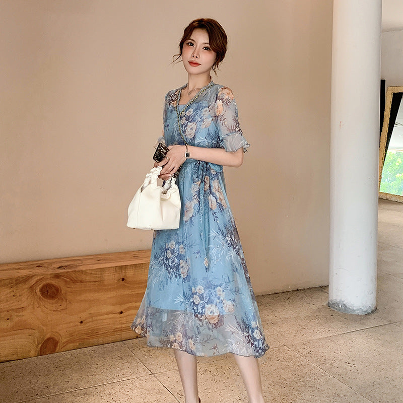 Plus Size Blue Floral Wrap Short Sleeve Midi Dress – Pluspreorder