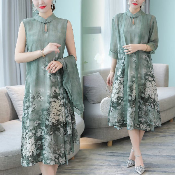 Plus Size Oriental Green Chiffon Cheongsam Mid Sleeve Midi Dress With Jacket Set
