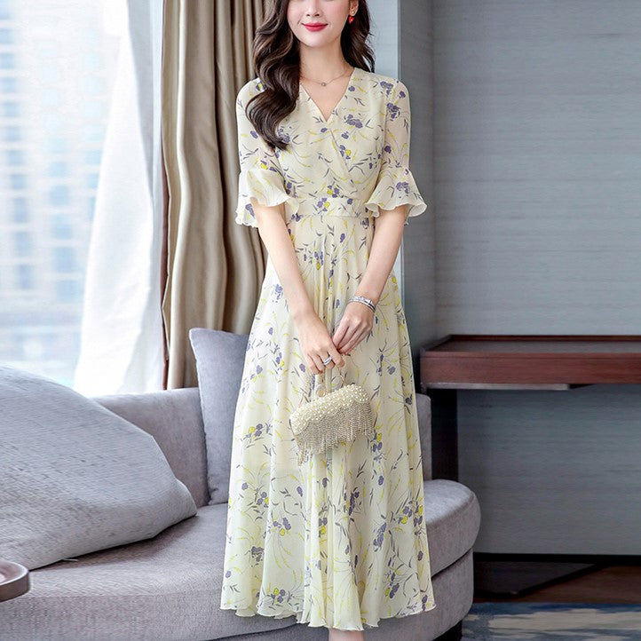 Plus Size Floral Wrap Chiffon Swing Short Sleeve Midi Dress – Pluspreorder