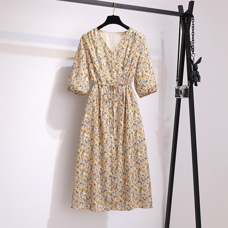 Plus Size Yellow Floral V Neck Chiffon Short Sleeve Midi Dress   Pluspreorder