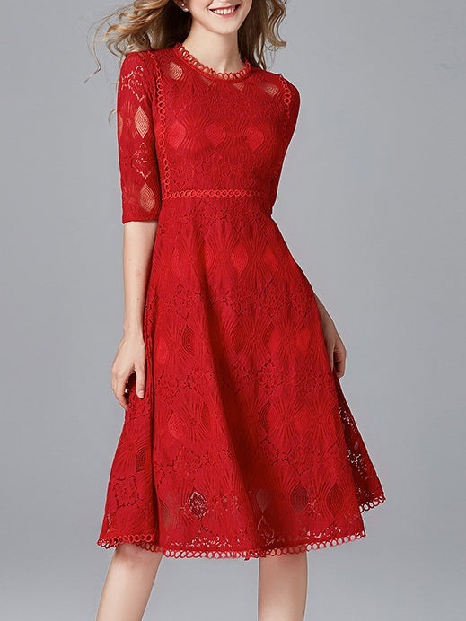 Maelona Red Lace Panel Swing Occasion Mid Sleeve Midi Dress