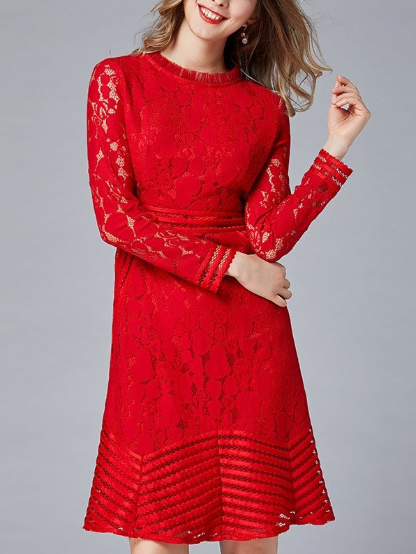 knee length party plus size red dress Micah Crew Neck Lace Formal – Pluspreorder swatches-straplie-mini-dress Regency Dress – Gothic cut in a flattering Color:Peach Blush Mix