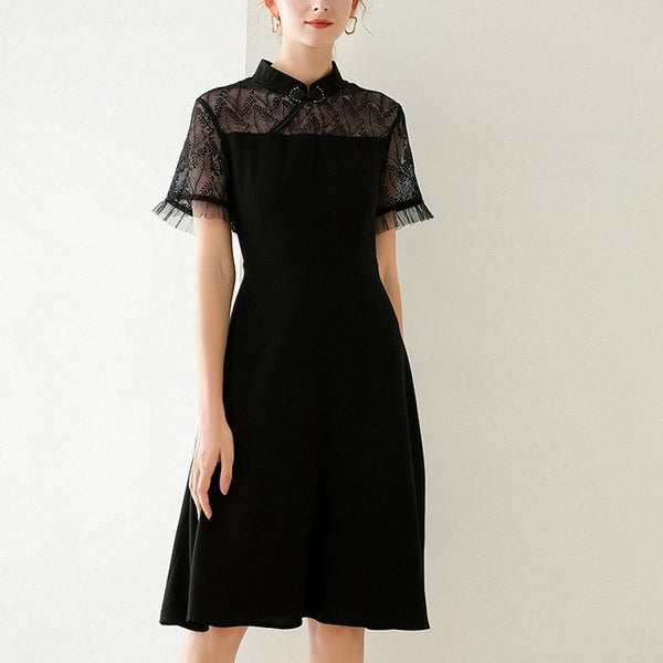 Plus Size Black Lace See-Through Cheongsam Short Sleeve Dress
