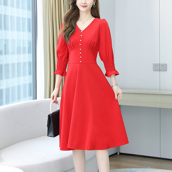 Plus size buttons v neck mid sleeve dress