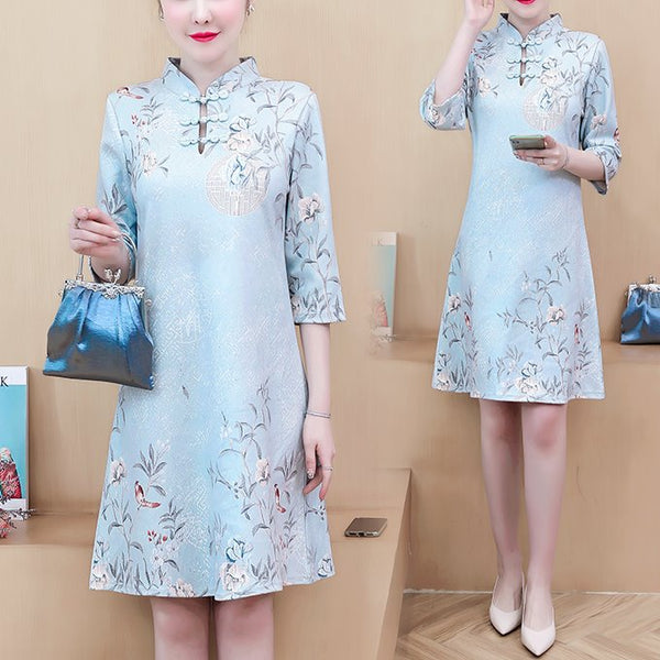 Plus Size Blue Floral Mid Sleeve Dress Cheongsam