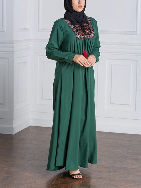 M 7XL Gillian Green Tassel Tie Plus Size Abaya Hijab Muslim Long Sleeve Maxi Dress