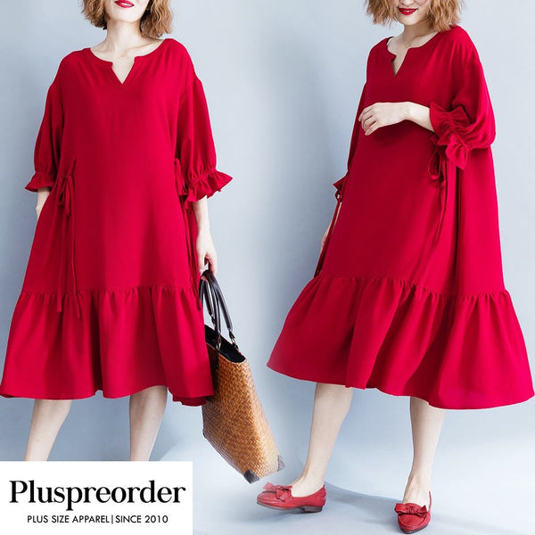 Plus Size Red Mid Sleeve Dress