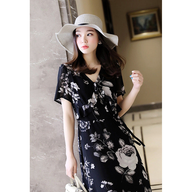 Plus Size Black Floral Chiffon Korean Midi Dress – Pluspreorder