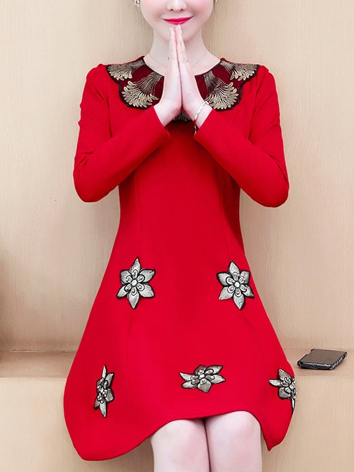 Tottie Plus Size Gold Embroidery Swing Long Sleeve Dress Suitable