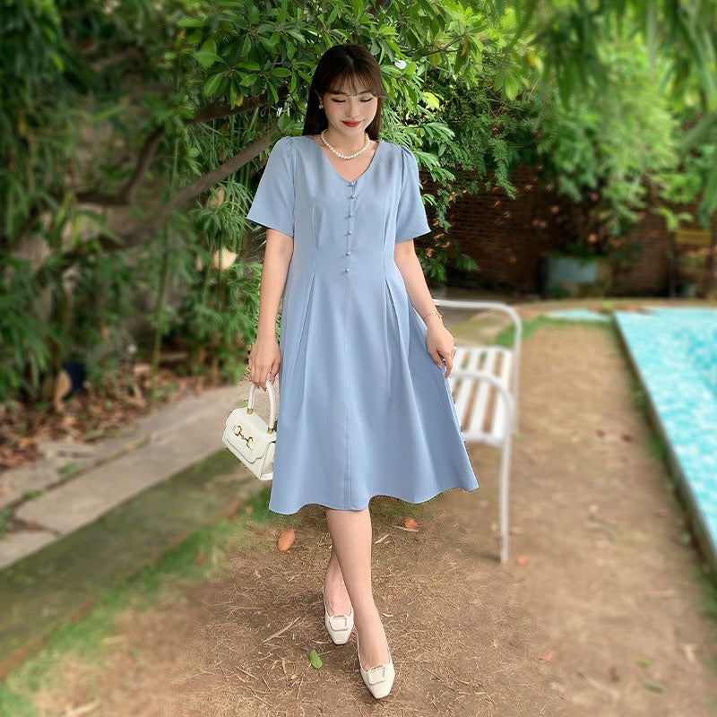 Plus Size Korean Buttons A Line Dress – Pluspreorder