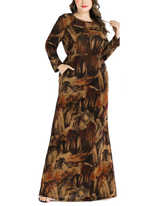 Weronika Plus Size Brown Sketch Long Sleeve Maxi Dress (Suitable For M –  Pluspreorder